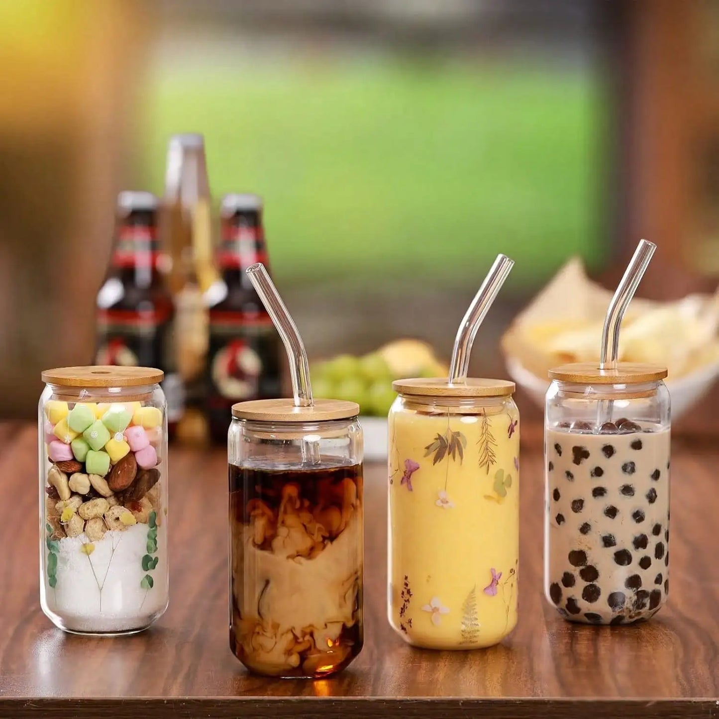 4PCS Glass Cups With Bamboo Lids And Straws, 16OZ Ice Coffee Cup, Drinking Cup Set With Wooden Lids, Home Essential Glass Tumblers For Beer, Cocktail, Tea And Latte Clear.