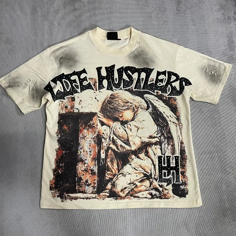 26SS Y2K High Quality American Retro Trendy Fashion Tops LIFE HUSTLERS 100% cotton large size loose Men's Women's T-Shirt